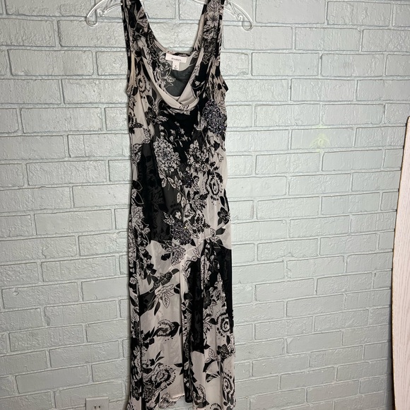 Vintage Sheer Asymmetrical Hem Black and White Beaded Midi Dress Size Medium - Picture 8 of 12